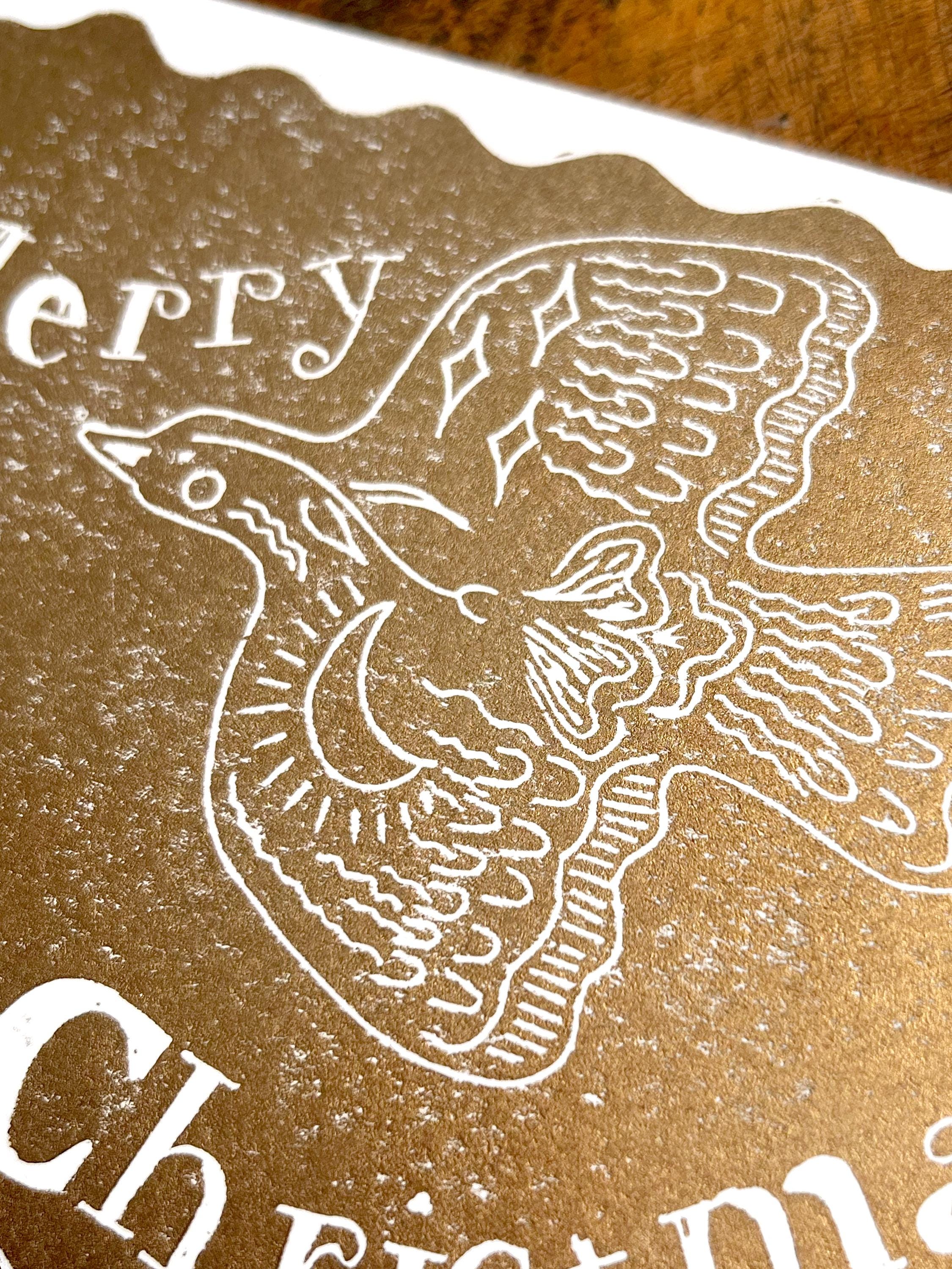 Hand Printed Gold Bird Christmas Card: Linocut Recycled Paper