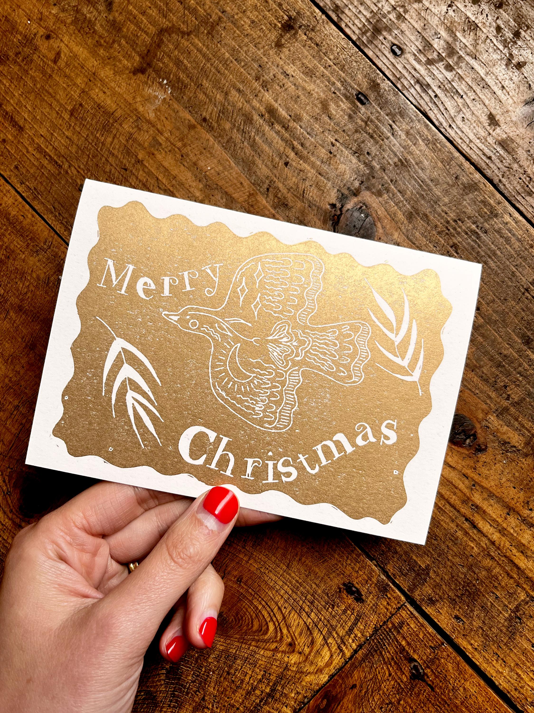 Hand Printed Gold Bird Christmas Card: Linocut Recycled Paper