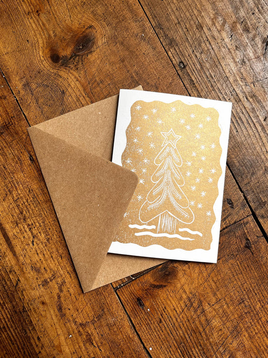 Gold Christmas Tree Card: Handprinted Linocut on Recycled Paper