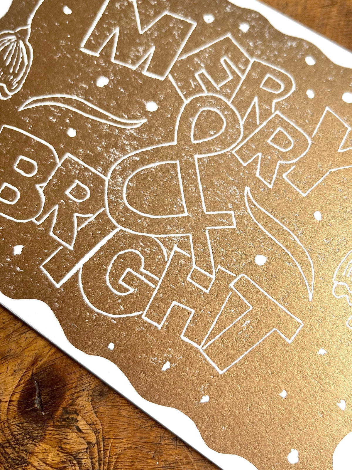 Hand Printed Merry & Bright Christmas Card: Gold Linocut, Recycled Paper