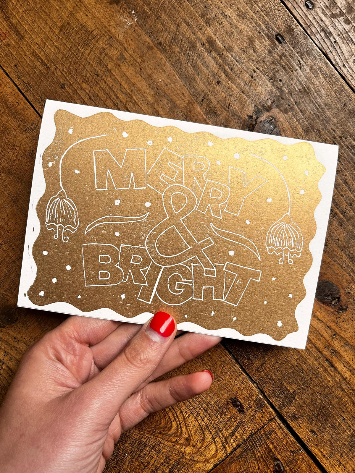 Hand Printed Merry & Bright Christmas Card: Gold Linocut, Recycled Paper