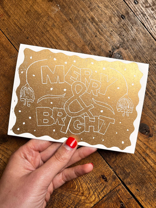 Hand Printed Merry & Bright Christmas Card: Gold Linocut, Recycled Paper