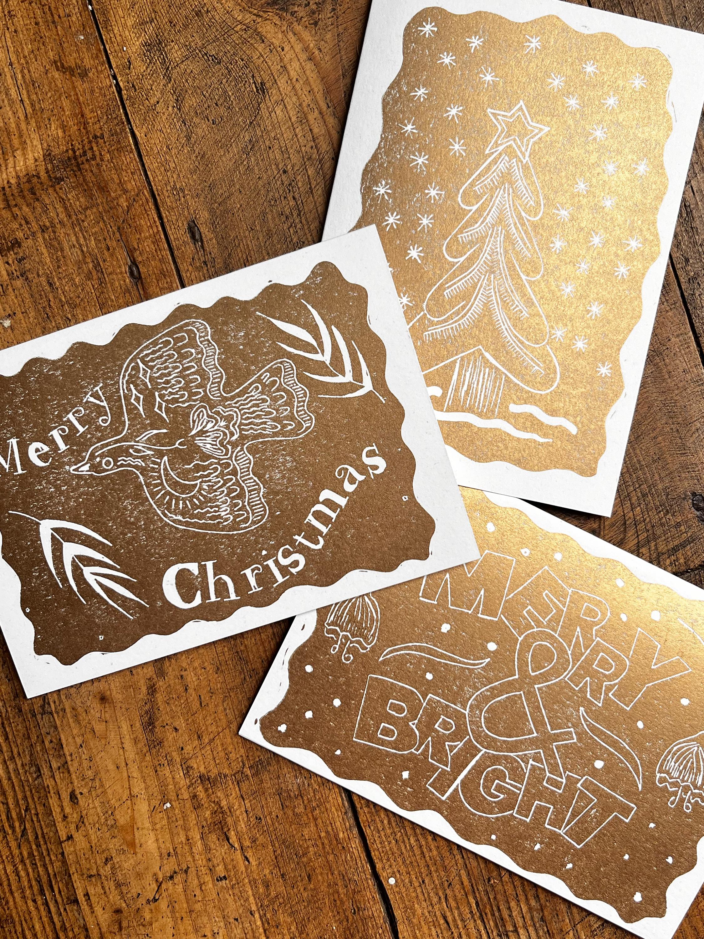 Hand Printed Gold Bird Christmas Card: Linocut Recycled Paper