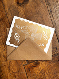 Hand Printed Gold Bird Christmas Card: Linocut Recycled Paper
