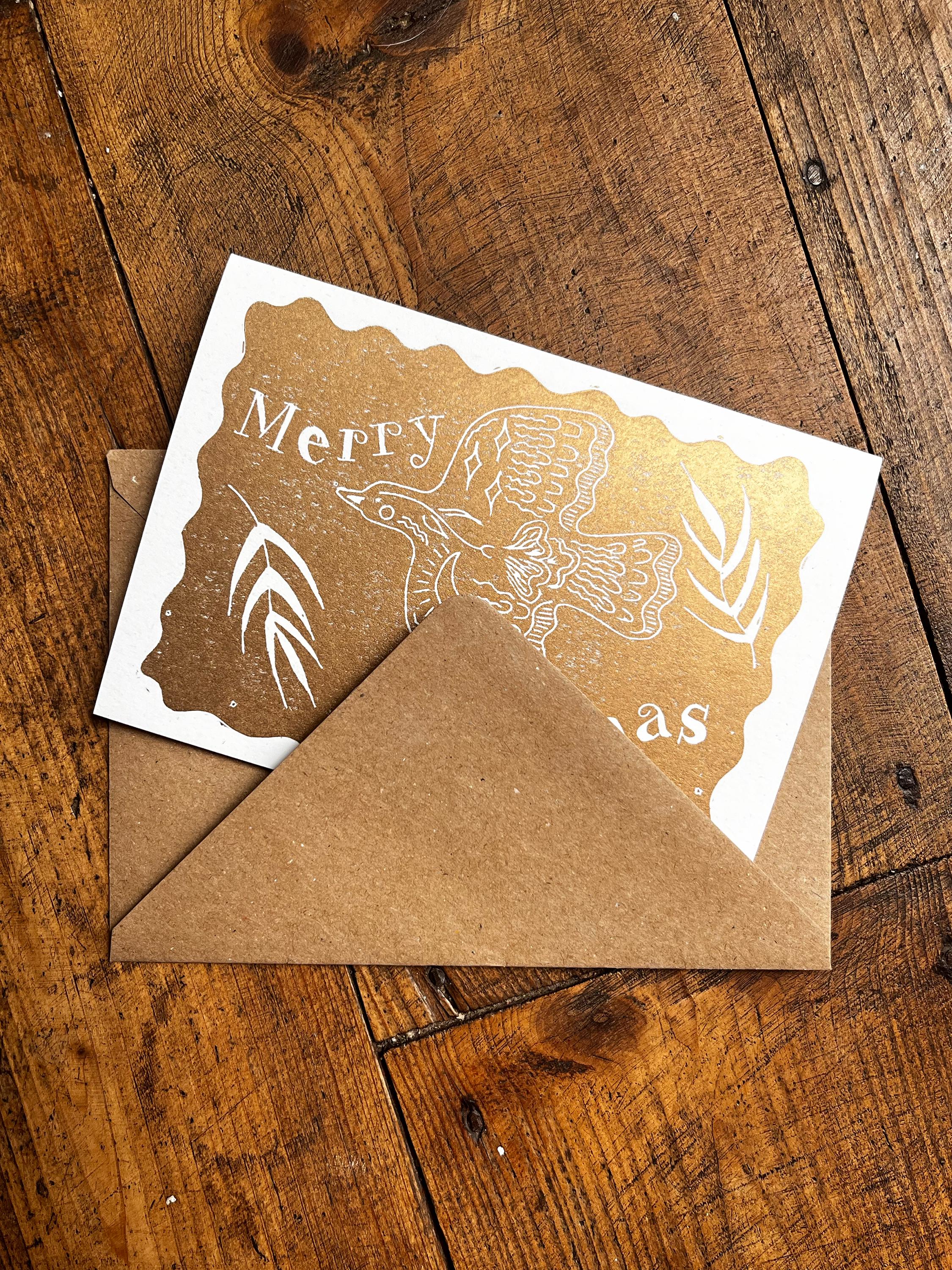 Hand Printed Gold Bird Christmas Card: Linocut Recycled Paper