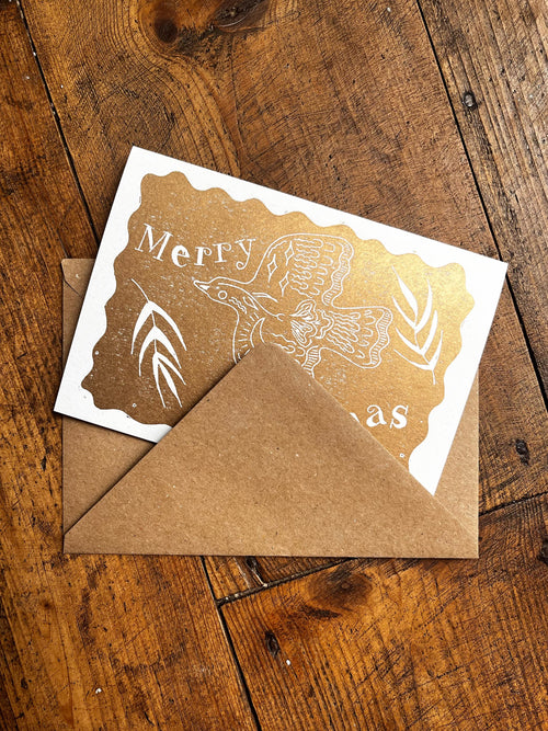Hand Printed Gold Bird Christmas Card: Linocut Recycled Paper