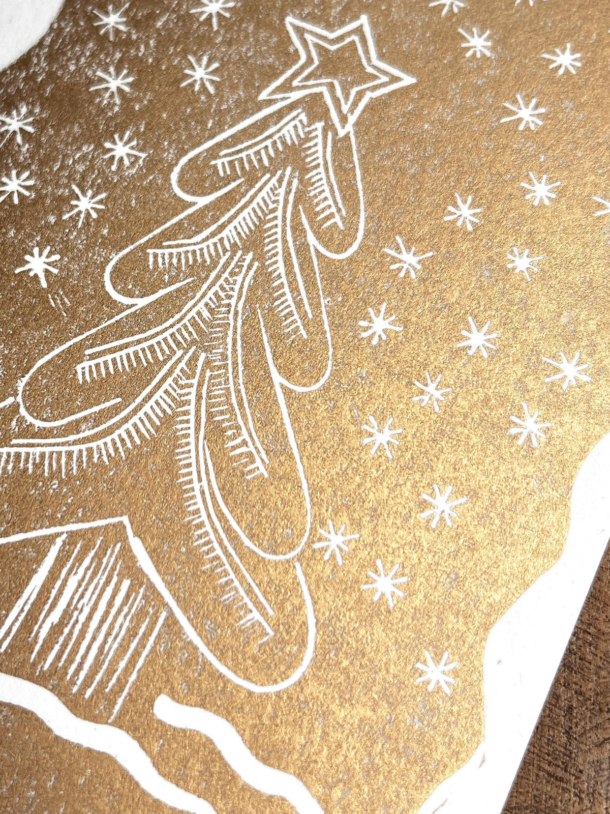 Gold Christmas Tree Card: Handprinted Linocut on Recycled Paper
