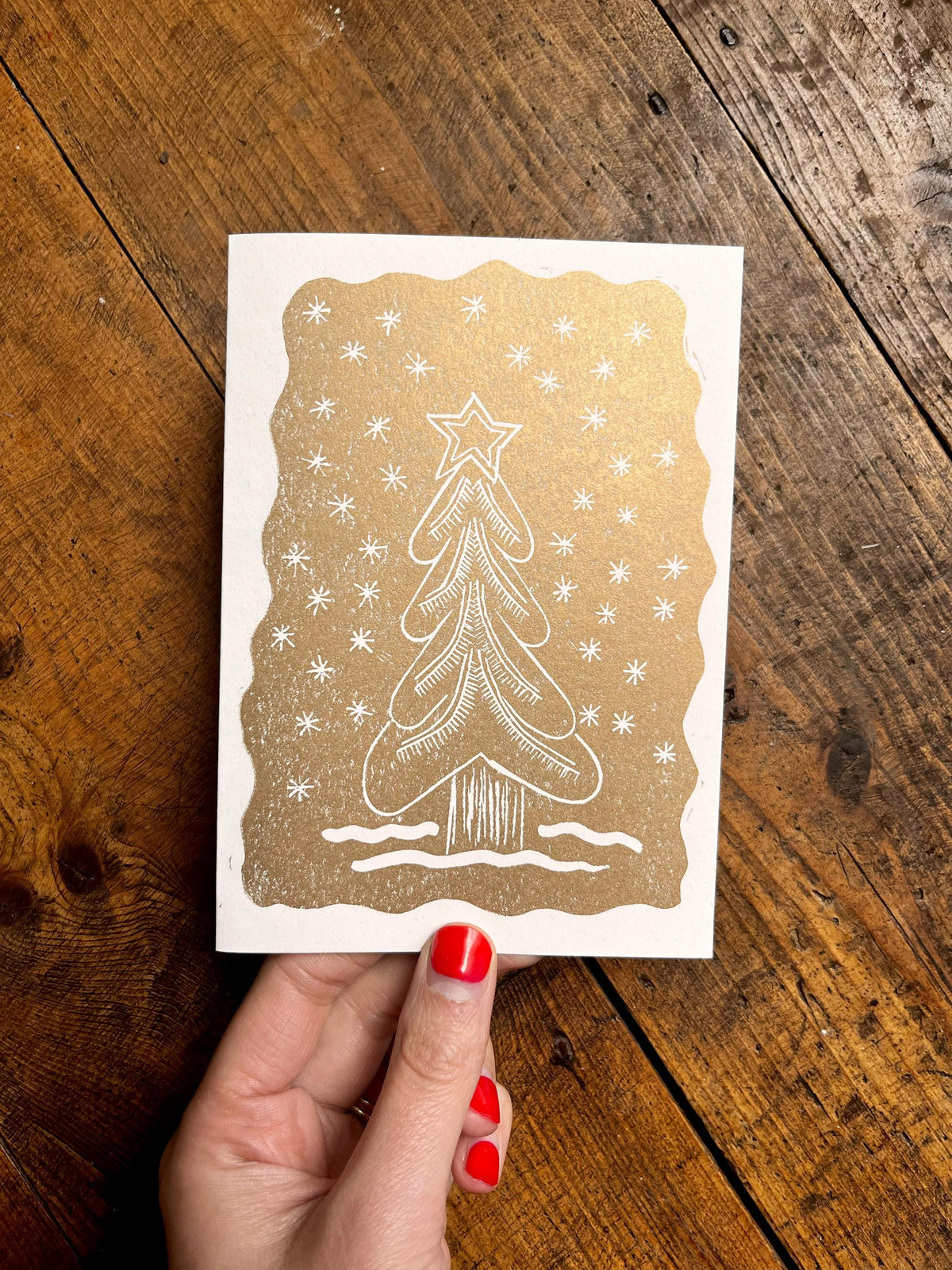 Gold Christmas Tree Card: Handprinted Linocut on Recycled Paper