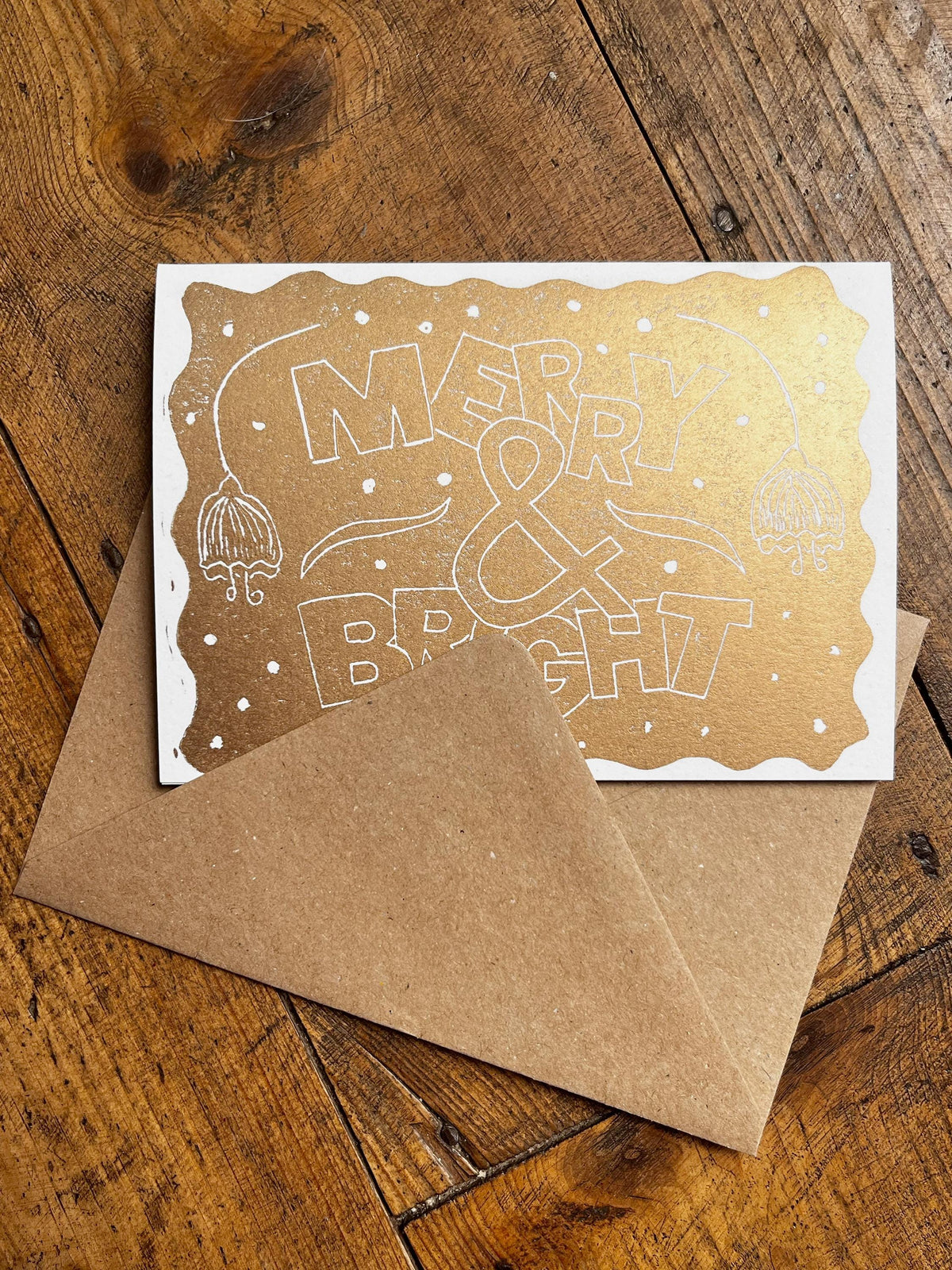 Hand Printed Merry & Bright Christmas Card: Gold Linocut, Recycled Paper